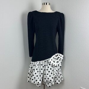 Vintage Darcy Union Made 80s Black and White Polka Dot Party Dress, Sz 9/10